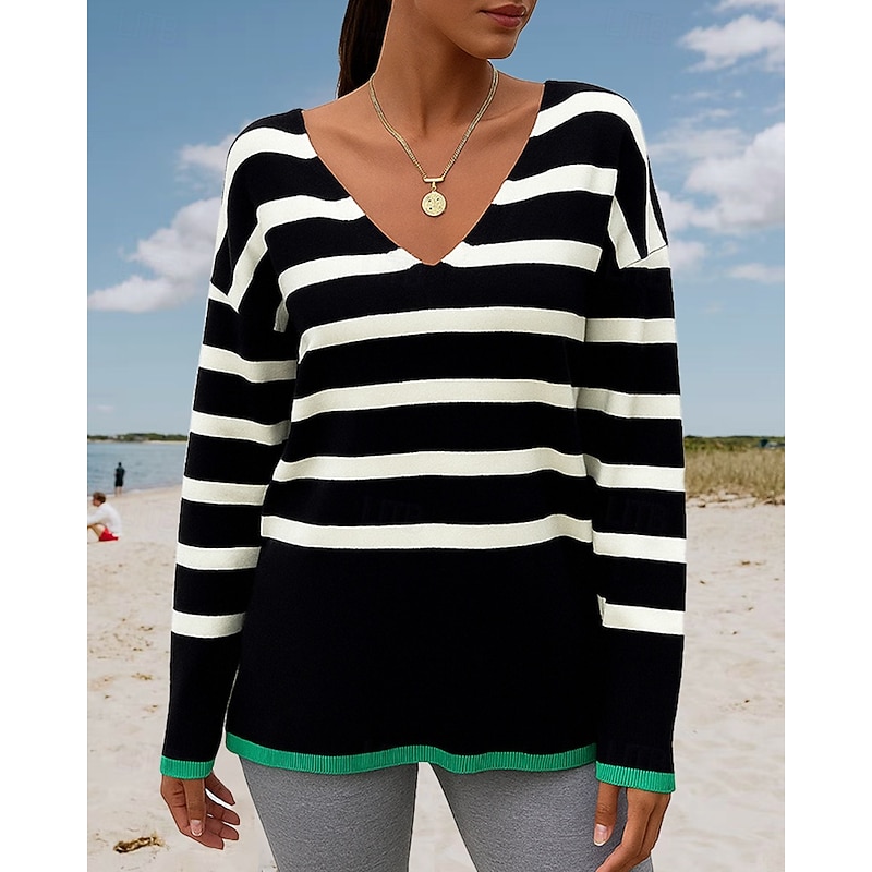 Women's Pullover Sweatshirt Casual Tops Long Sleeve Top Casual Athleisure Fall V Neck Stripes Outdoor Travel Sports Sportswear Activewear Wine Red Black White3