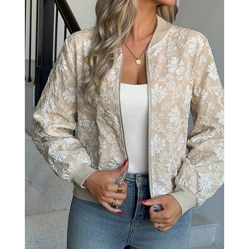 Women's Bomber Jacket Jacket Casual Jacket Warm Comfortable Zipper Pocket Fashion Floral Outdoor Vacation Going out Weekend Zipper Regular Crewneck Regular Fit Long Sleeve Outerwear Khaki Fall Winter2