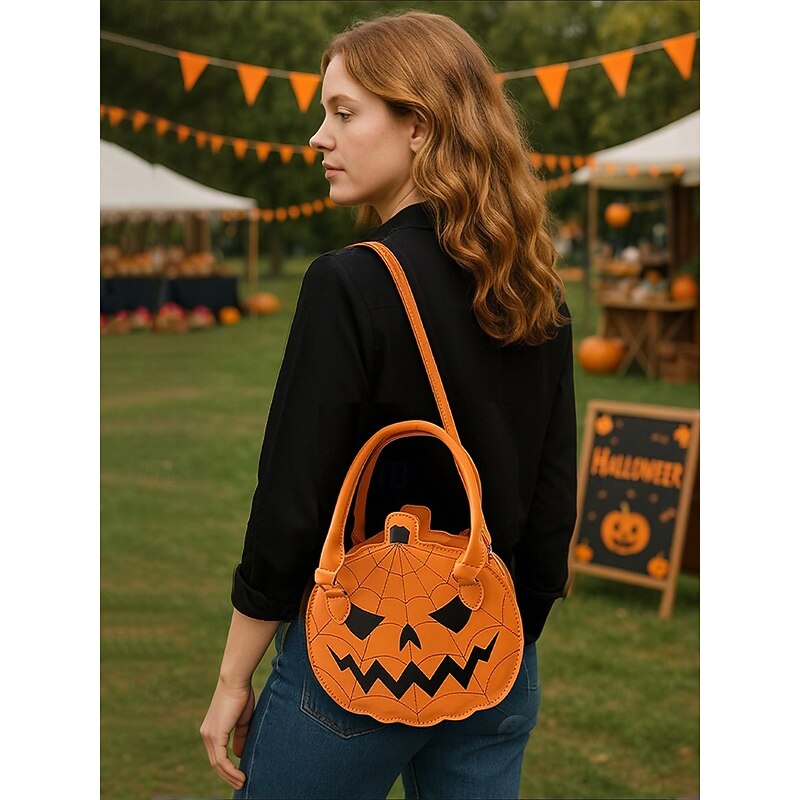 Women's Halloween Pumpkin Handbag – Cute Jack-O'-Lantern Shoulder Crossbody Bag with Spider Web Design, Faux Leather Tote Purse for Party, Cosplay and Holiday Outfits2