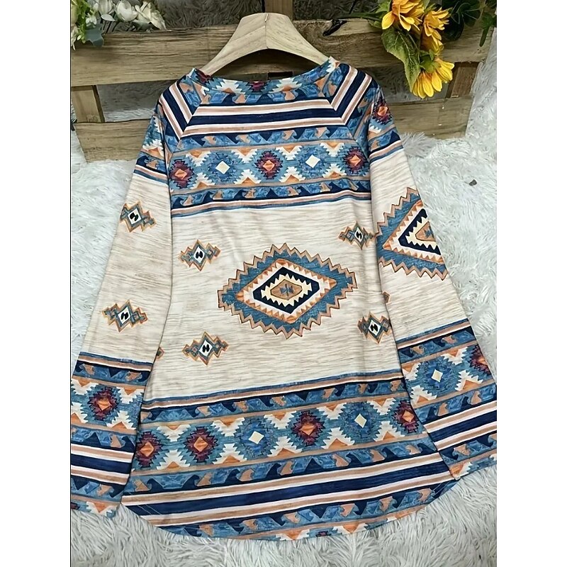 Women's T Shirt Graphic Tribal Vintage Stylish Casual Long Sleeve Crew Neck Long Tops Daily Going out Weekend Print Blue Brown off-white Spring Fall3