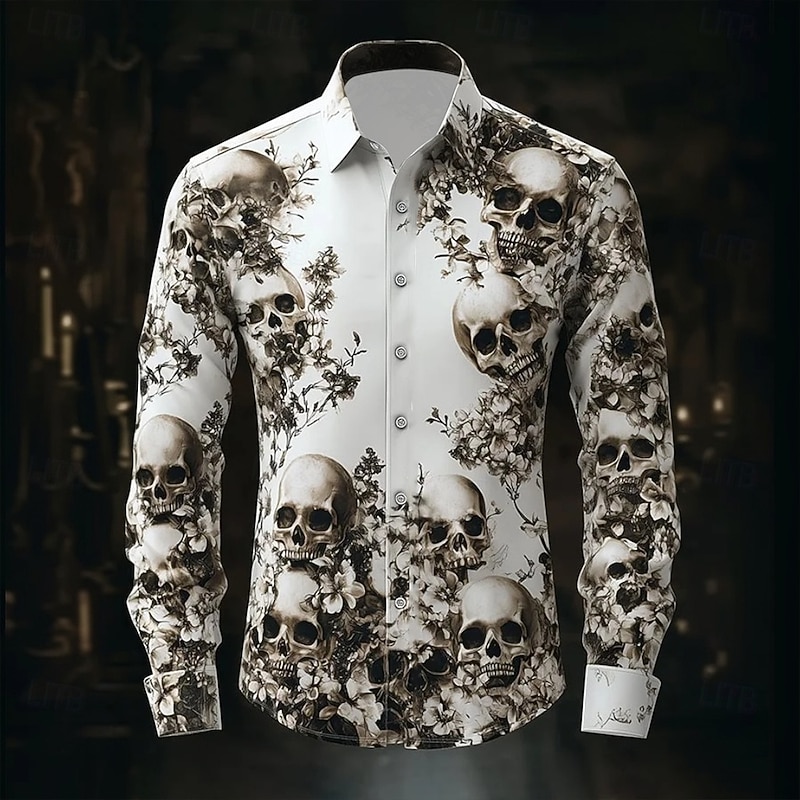 Halloween Men's Halloween Costumes Skulls Shirt Button Up Shirt Casual Dress Shirt Long Sleeve Dark Gothic Style Holiday Summer Spring Turndown 3D Print Collared Shirts White 1 Black White3