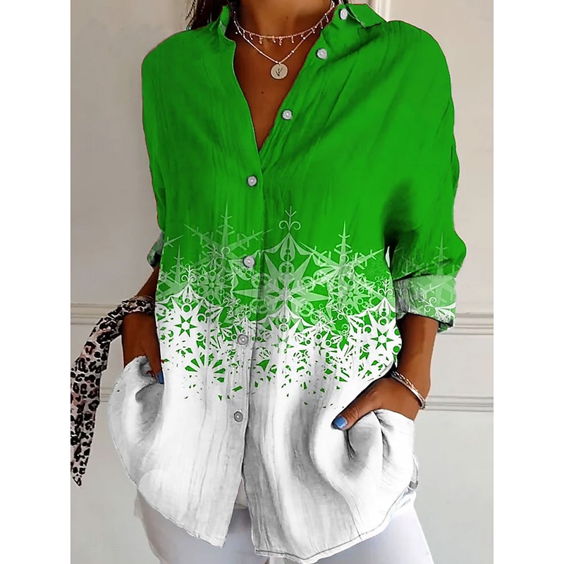 Christmas Women's Shirt Graphic Snowflake Elegant Bohemia Vintage Long Sleeve Shirt Collar Regular Tops Work Daily Buttons Print Yellow Red Blue Purple Green Summer Spring Fall Winter3