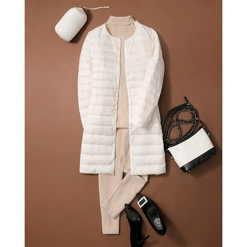 Women's Down Jacket Coat Warm Comfortable Buttons Casual Plain Outdoor Vacation Street Single Breasted Long Crewneck Regular Fit Long Sleeve Outerwear Black White Pink Fall Winter