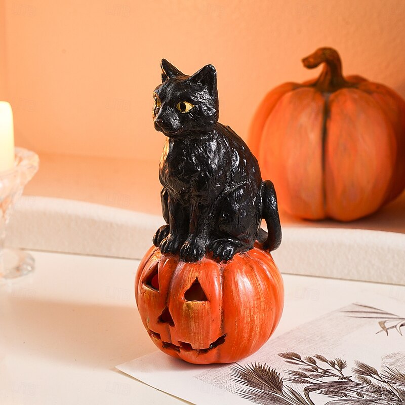 Halloween Resin Black Cat Sitting Figurine, Cute Hand-Painted Animal Decor, Handmade Craft Ornament for Home, Garden & Indoor Decoration3