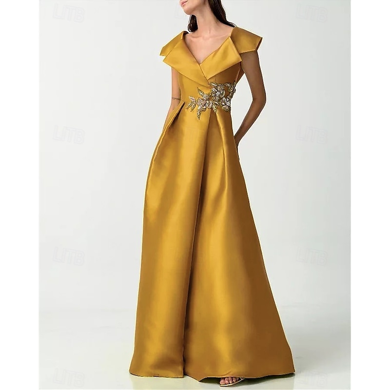 A-Line Evening Gown Elegant Dress Wedding Guest Floor Length Short Sleeve V Neck Pocket Satin with Rhinestone