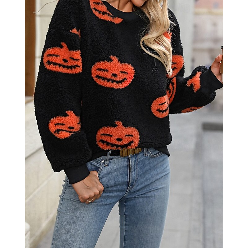 Women's Pullover Sweatshirt Sweatshirts Pumpkin Streetwear Casual Long Sleeve Crew Neck Regular Tops Holiday Going out Print Black Orange Winter3