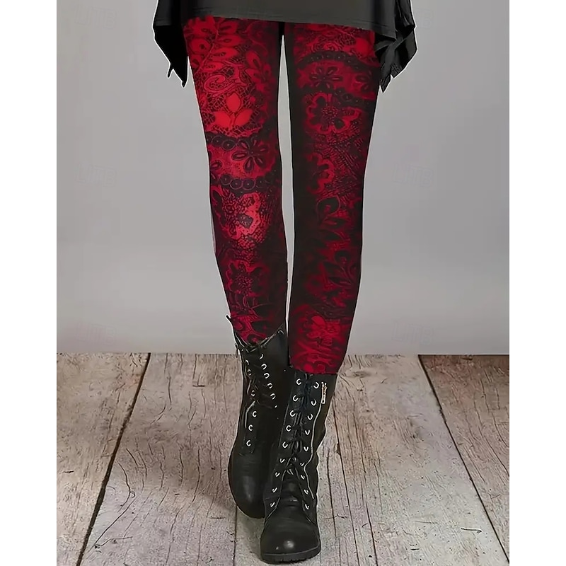 Women's Pants Trousers Leggings Cozy Leggings Streetwear Casual Full Length High Waist Floral Elastic Waist Print Breathability Comfortable Stretchy Vacation Street Daily Wear Red Spring Fall Regular