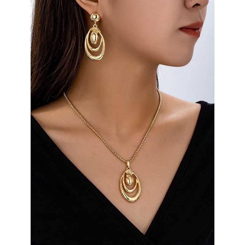 Women's Gold-Tone Statement Necklace and Earrings Set with Layered Oval Design, Elegant Jewelry for Parties and Special Occasions2