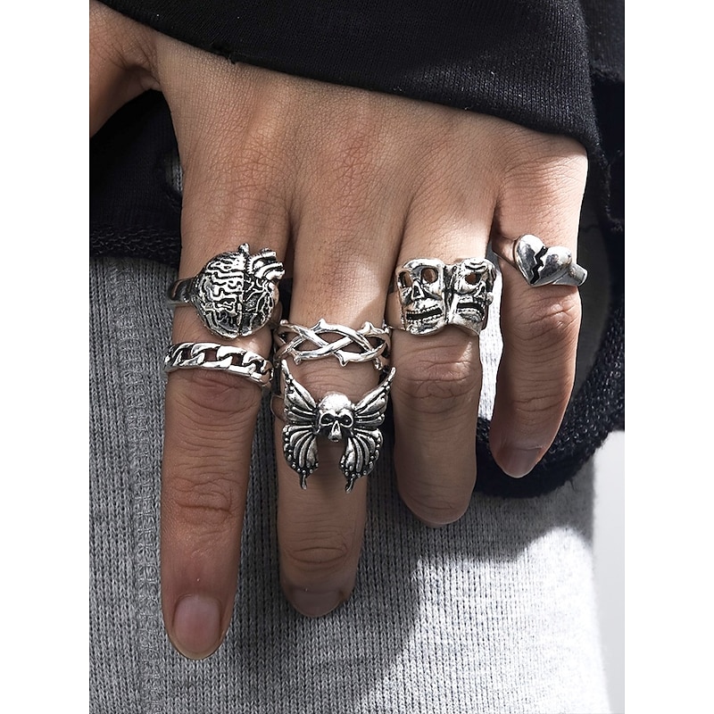 Men's Halloween Gothic Ring Set - with skull, Brain, Butterfly and chain designs, Stackable punk knight jewelry for men and teen boys, Perfect for costume parties, Cosplay, Concerts and nights out2