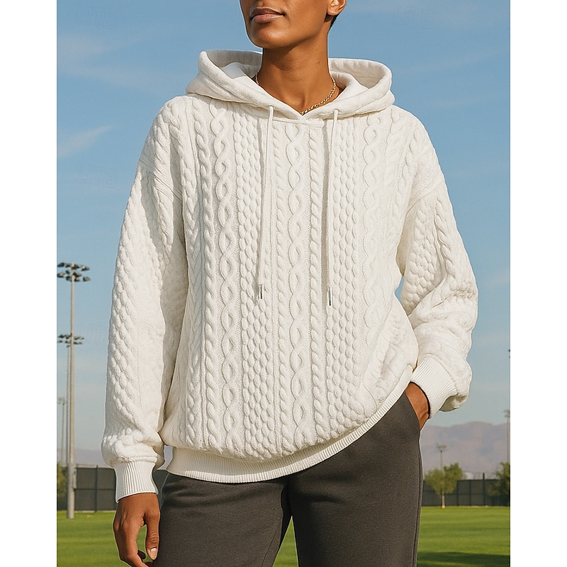 Women's Casual Sweatshirt Pullover Hoodie Drawstring Cable knit Long Sleeve Top Athleisure Fall Solid Colored Fashion Outdoor Travel Sportswear Activewear Black White Pink