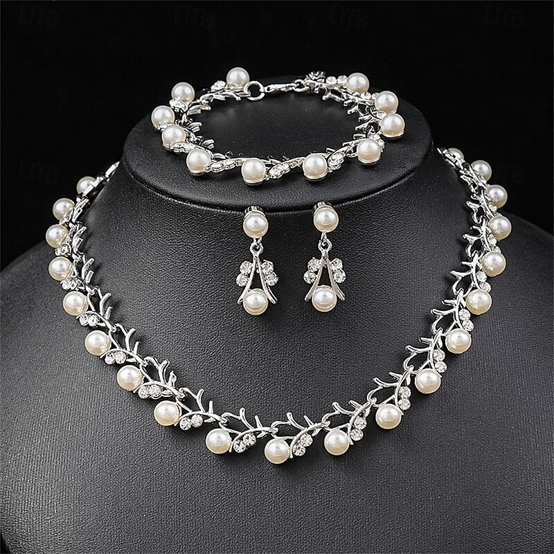 Jewelry Set Three-piece Suit Pearl Pearl Chrome 1 Necklace Earrings Necklace Women's Elegant Vintage Fashion Vintage Style Classic Floral Jewelry Set For Wedding Party Wedding Guest3