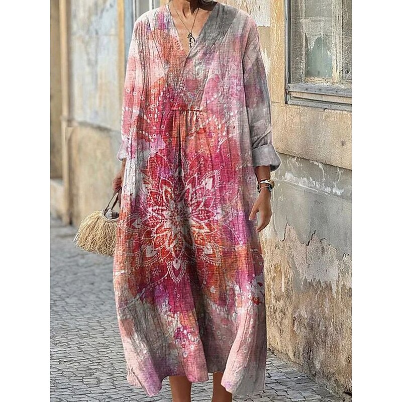 Women's Maxi Dress Sundress A Line Dress Casual Boho Holiday Loose Fit Graphic Geometric Long Sleeve V Neck Pink Blue Purple Green Summer Spring Fall2