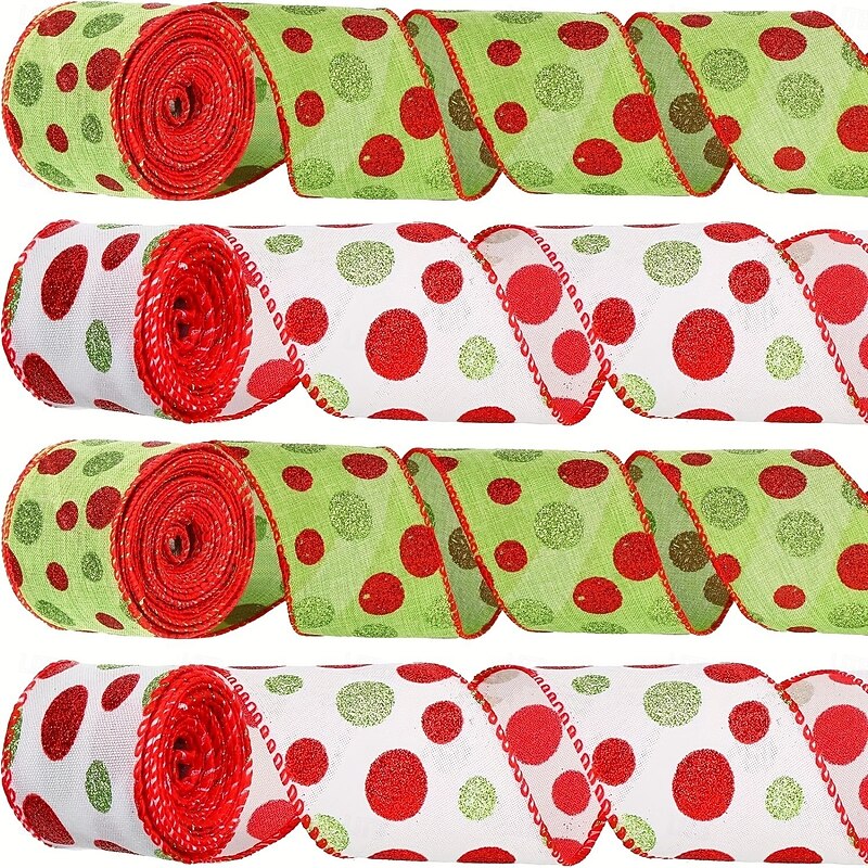 4Pcs Christmas Ribbon Set, Glitter Wired Polka Dot Ribbons, Holiday DIY Craft Decorative Ribbons for Christmas Tree Decoration3