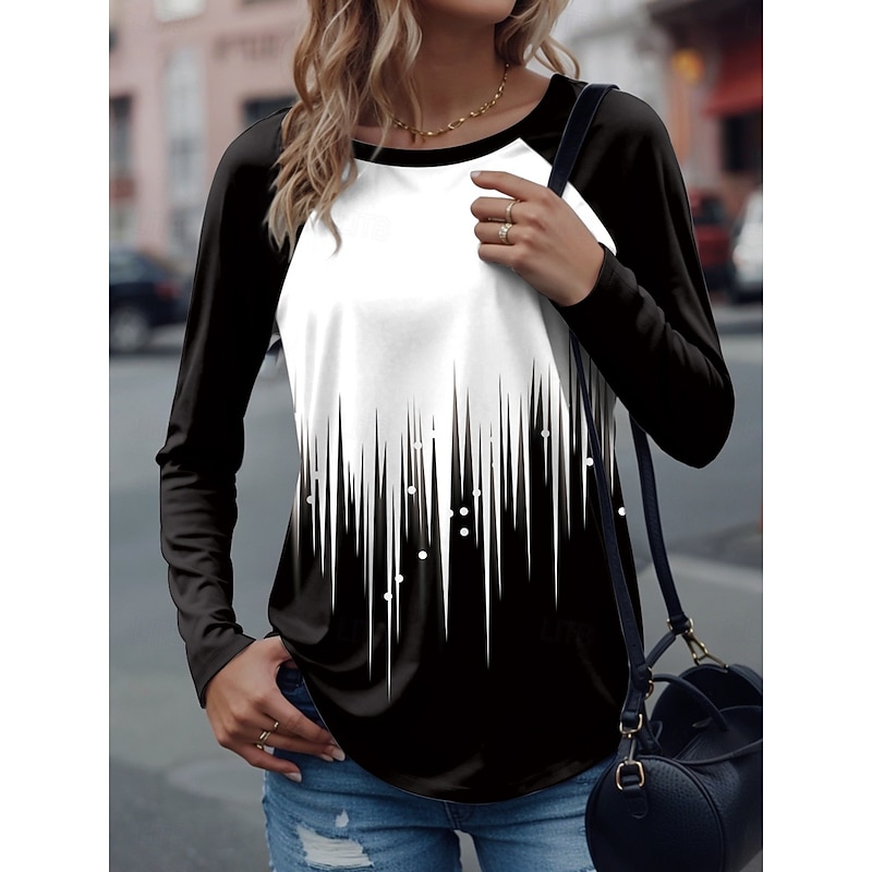 Women's T Shirt Graphic Geometric Stylish Casual Long Sleeve Crew Neck Regular Tops Daily Weekend Print White Yellow Pink Blue Purple Spring Fall Winter