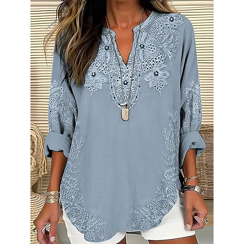 Women's Blouse Floral Graphic Elegant Bohemia Vintage Long Sleeve V Neck Regular Tops Daily Holiday Beach Wear Ruched Embroidered Print Pink Blue Spring Fall