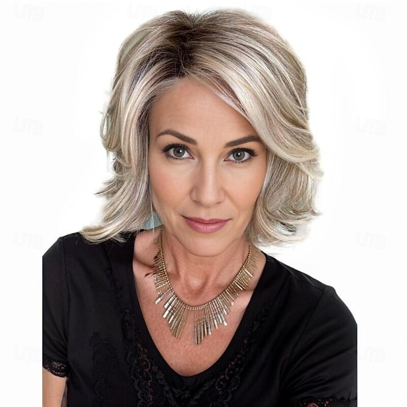 Women's Short Layered Blonde Bob Wig with Dark Roots – Synthetic Heat-Resistant Hair for Everyday, Cosplay & Party