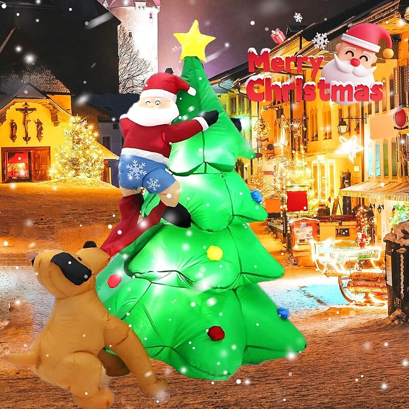 1.8m Christmas Inflatable Dog Chases Santa Claus, Climbs Tree, Dog Climbs Christmas Tree, 5.9FT Light-up Air Dog Pulls Pants Outdoor Patio Xmas Decoration2