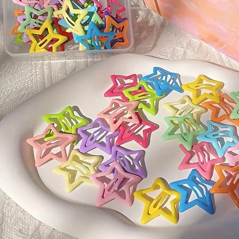 50/100 pcs Assorted Colorful Star-Shaped Alloy Hair Clips Set, Elegant Vintage Style, Lightweight Hollow Design, Fashionable Hair Accessories for Daily Wear and Styling, Perfect for Women and Eid Gifts2