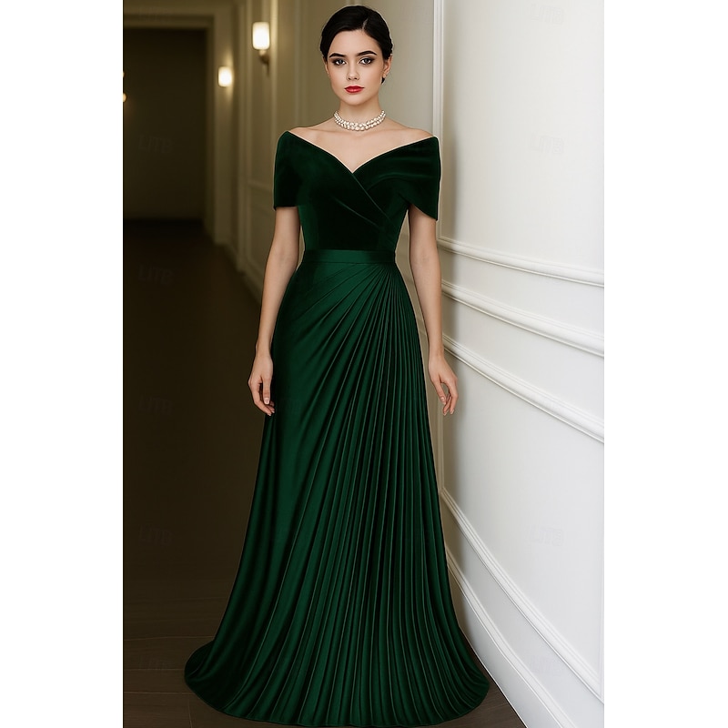 Green Black Velvet A-Line Evening Gown Elegant Dress Formal Wedding Floor Length Short Sleeve Off Shoulder Satin with Pleats 2025