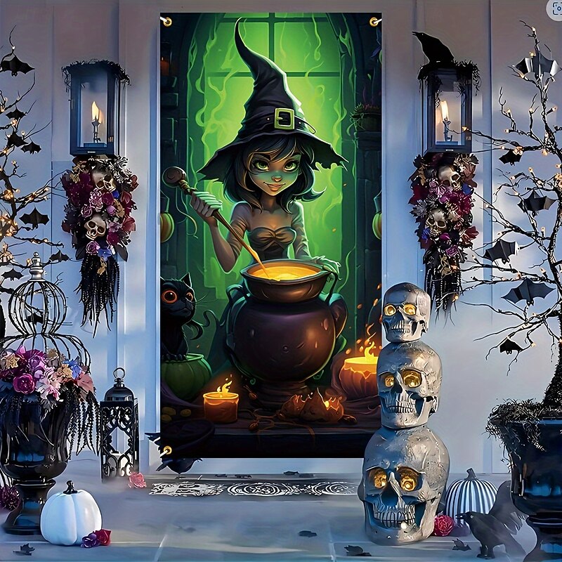 Halloween Door Decorations Halloween Door Covers Skeleton Witch Pumpkin Bat Door Tapestry Door Curtain Decoration Backdrop Door Banner for Front Door Farmhouse Holiday Party Indoor Outdoor Decor Supplies4