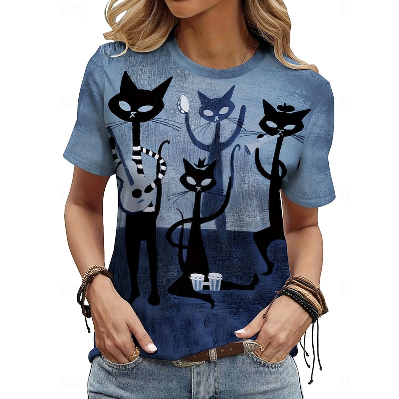 Women's T Shirt Graphic Animal Cat Vintage Stylish Classic Short Sleeve Crew Neck Round Neck Regular Tops Daily Weekend Print Dusty Blue Summer Spring Fall2