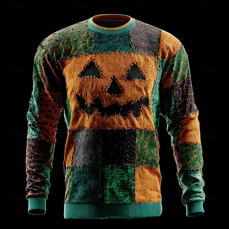 Halloween Men's Color Block Pullover Sweater Jumper Knitwear Crewneck Casual Vacation Daily Festival Patchwork 3D Print Keep Warm Long Sleeve Spring Fall Winter Yellow Orange - Main Image