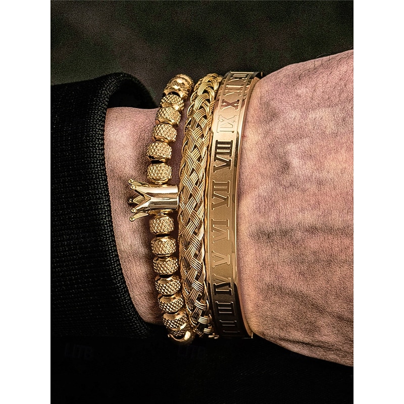 Men's Gold Stainless Steel Bracelet Set – 3-Piece Crown Beaded, Braided Cuff, and Roman Numeral Bangle for Fashionable Outfits, Parties and Special Occasions2