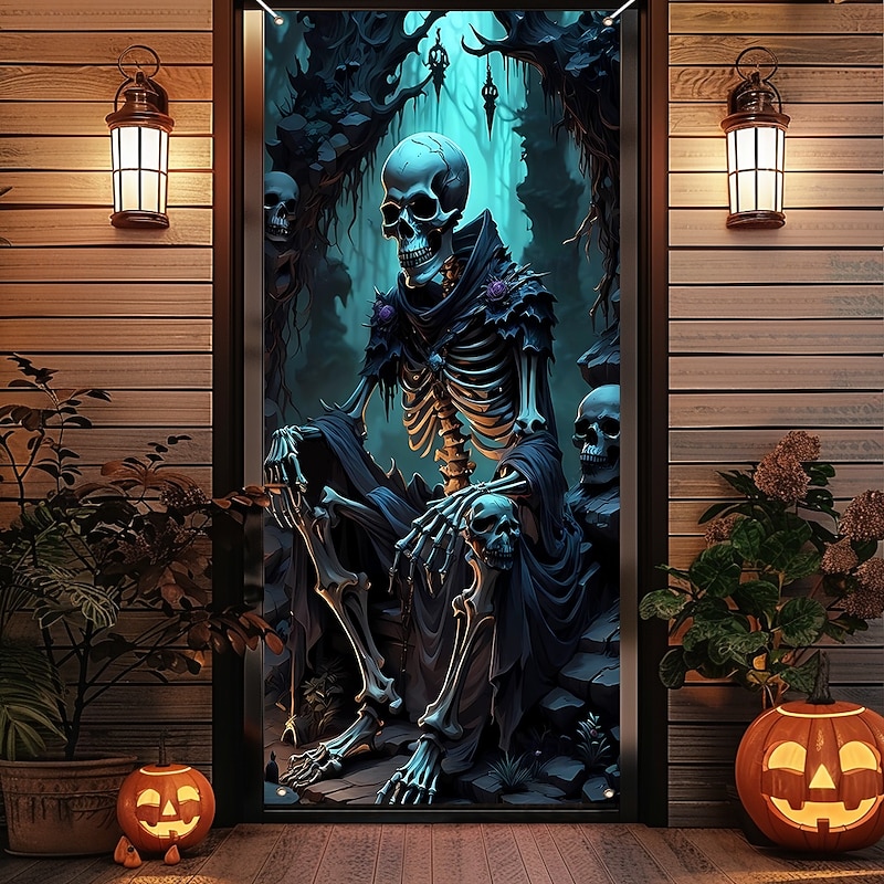 Halloween Door Cover Outdoor Banners Skeleton 3D Dark Punk Gothic Style Party Outdoor Shooting Backgrounds Front Door Wall Porch Home Decor3