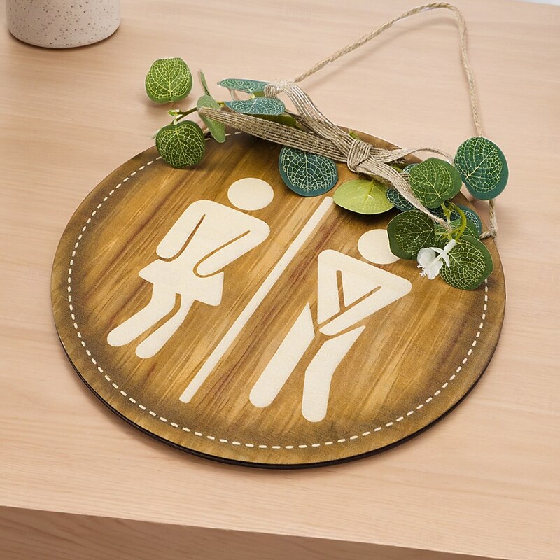 Wooden Bow Leaf Round Bathroom Sign, Decorative Restroom Plaque for Hotels, Malls and Home Washrooms4