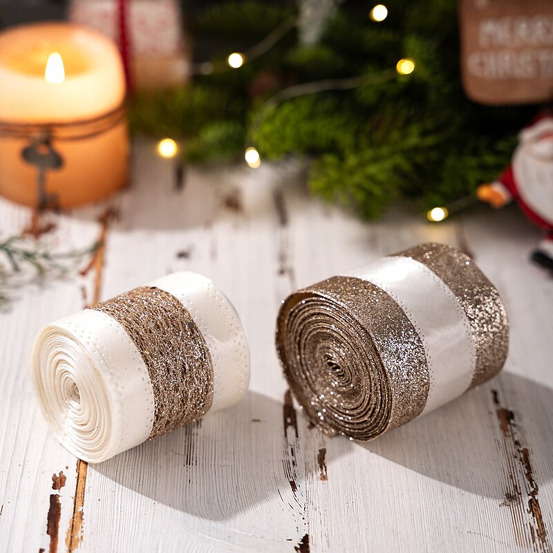 2 Roll Christmas Ribbon, Gold Mesh Tulle Decorative Ribbon for Holiday Atmosphere Decoration, High-End Xmas Gift Wrapping and Party Decor2