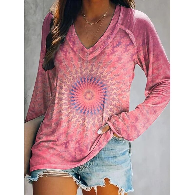 Women's T Shirt Floral Graphic Plants Elegant Bohemia Vintage Long Sleeve V Neck Regular Tops Daily Going out Weekend Print Yellow Pink Blue Purple Green Spring Fall