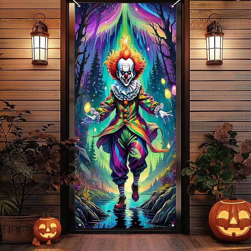 Halloween Door Cover Outdoor Banners Witch Cat Anime 3D Party Outdoor Shooting Backgrounds Front Door Wall Porch Home Decor4