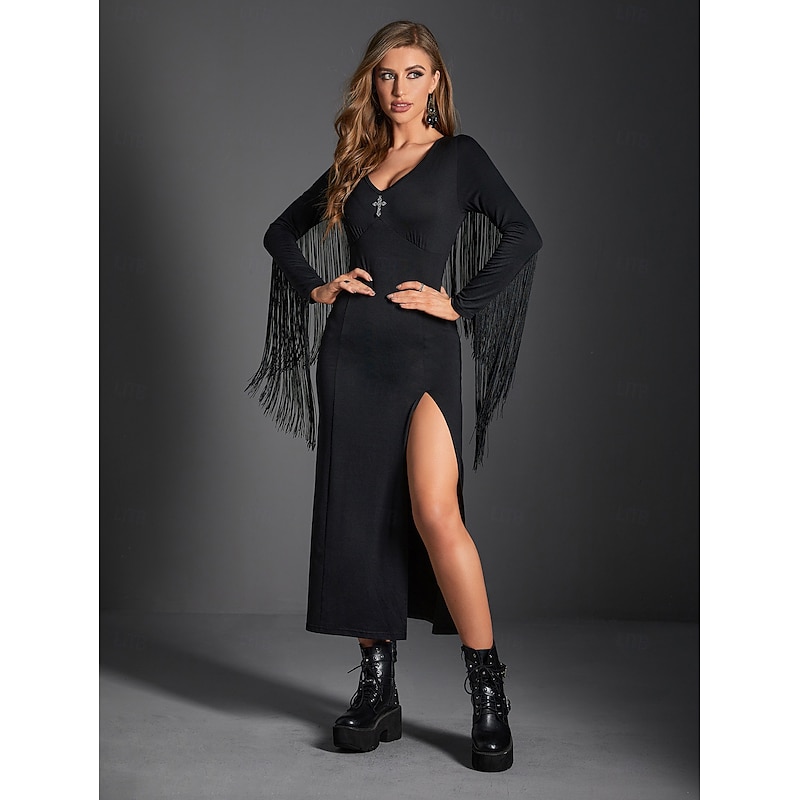 Gothic Midi Dress Bell Sleeve Witch Morticia Addams Fringe Slit Solid Color Sheath / Column V Neck Fancy Dress Women's Fantasy Halloween Carnival Performance Party Adults Dress4