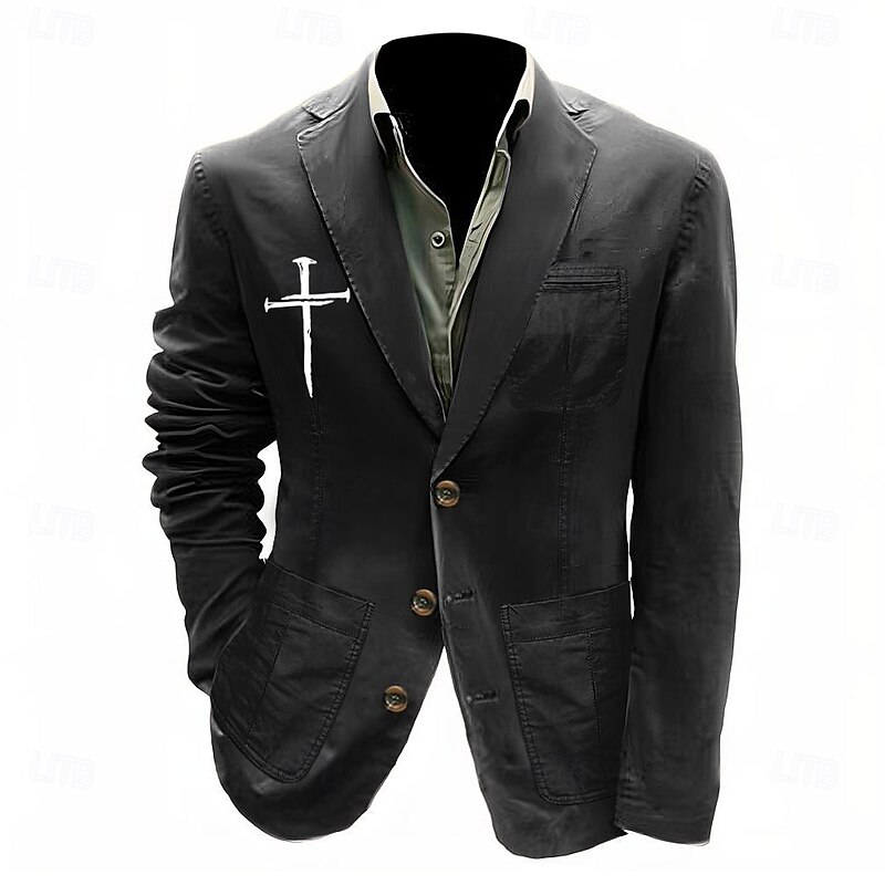 Men's Print Cross Blazer Cotton Suit Jacket Suits Coat Casual Outdoor Dailywear Multiple Pockets Three Button Stripe Lined Suit Jacket Fall Winter Notch lapel collar Long Sleeve Black khaki Army Green