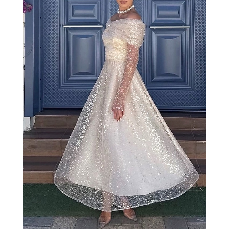 A-Line Cocktail Dresses Sequined Elegant Dress Formal Wedding Tea Length Long Sleeve Off Shoulder Lace with Ruched Details 20253