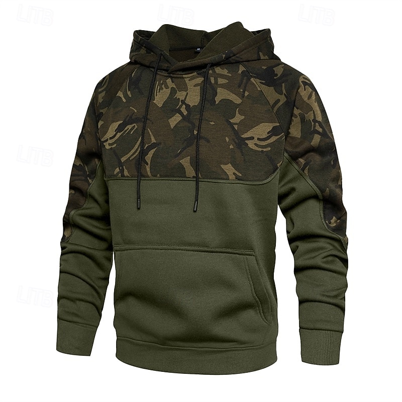 Men's Hoodie Pullover Hoodie Sweatshirt Camo Hoodie Black Army Green Hooded Camouflage Patchwork Color Block Sports & Outdoor Casual Daily Streetwear Cool Sportswear Spring &  Fall Clothing Apparel