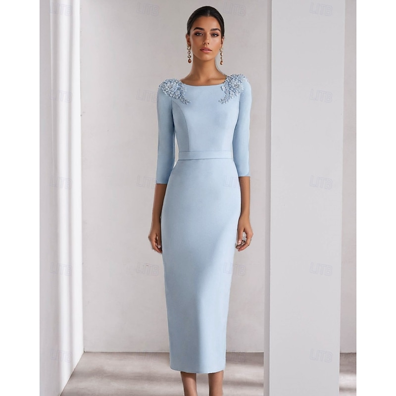 Sheath / Column Cocktail Dresses Elegant Dress Formal Wedding Ankle Length 3/4 Length Sleeve Crew Neck Stretch Crepe with Slit
