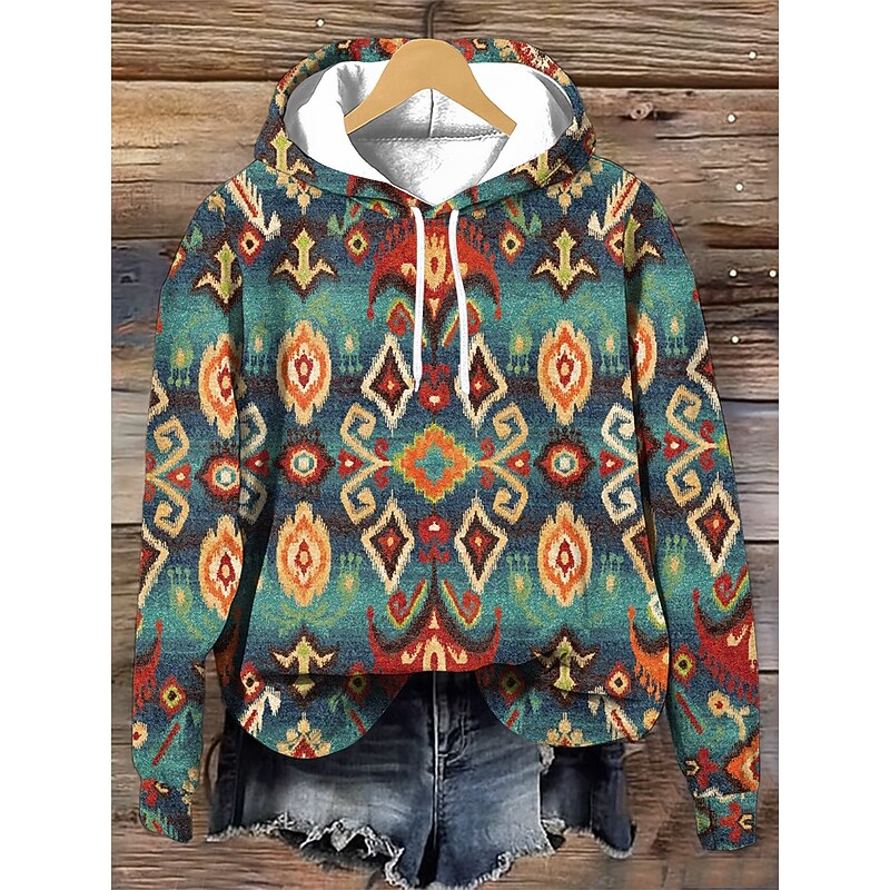 Women's Hoodie Pullover Sweatshirt Oversized Long Sleeve Casual Graphic Geometric Warm Retro Hooded Regular Tops Street Dailywear Print Wine Red Green Army Green Spring Fall Winter4