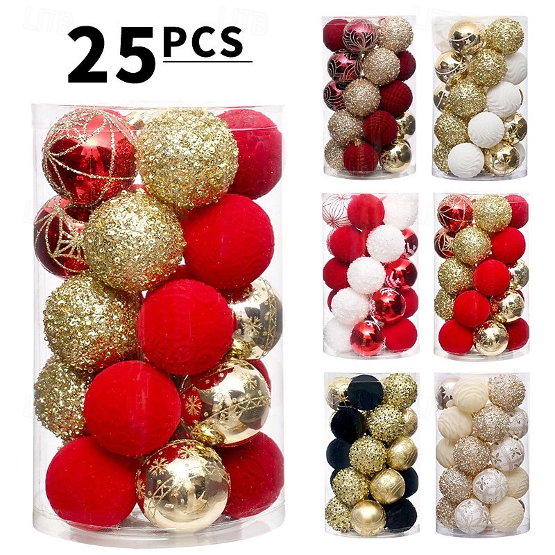 25 pcs Christmas Tree Balls Baubles Ornaments, 6 cm/2.36 inch Xmas Decoration, Premium Velvet Painted Hanging Set, European Style Tree Decor for Holiday Party