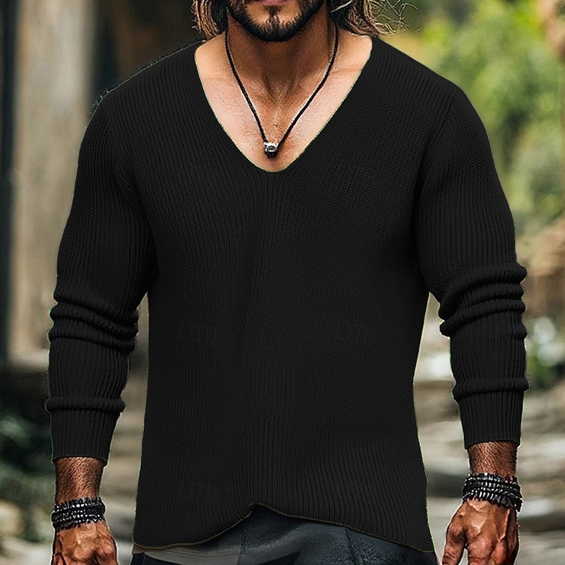Men's Pullover Sweater Jumper Knit Sweater Ribbed Knit Regular Tops Knitted Plain V Neck Fashion Basic Vacation Daily Wear Clothing Apparel Fall Winter Black Blue S M L2