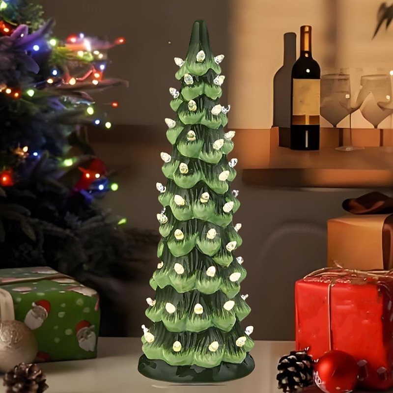 Resin Christmas Trees, Pre-Lit Hand-Painted Tabletop Holiday Decoration w/Multicolor Bulbs LED Lights, Vintage Indoor Decoration Table Top Christmas Tree2