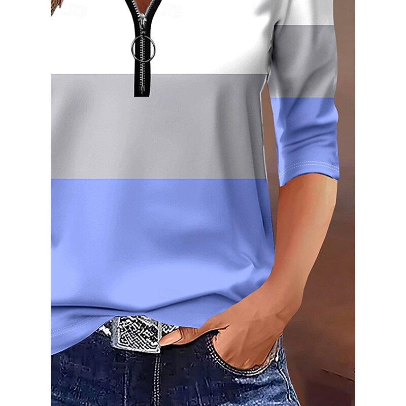 Women's T Shirt Graphic Geometric Striped Elegant Vintage Stylish Long Sleeve Round Neck Notched Neck Regular Tops Daily Weekend Zipper Print Blue Spring Fall Winter3