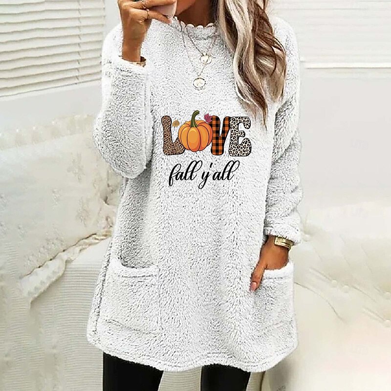 Halloween Women's Pullover Sweatshirt Letter Elegant Warm Teddy Long Sleeve Crew Neck Long Tops White Pink Blue Gray Spring Fall Winter Spring, Fall, Winter, Summer4