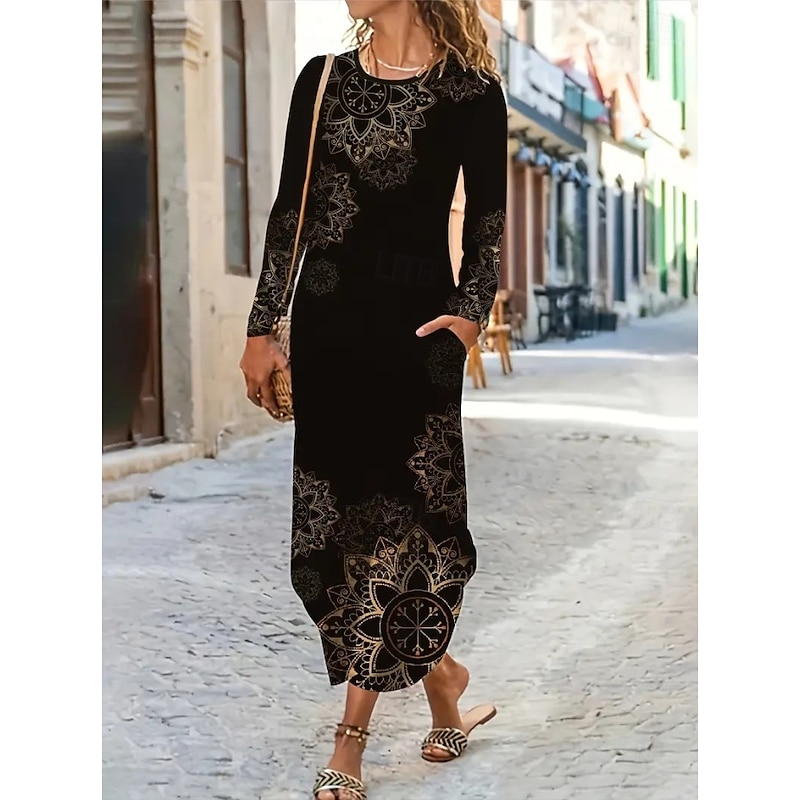Women's Midi Dress Sheath Dress T Shirt Dress Tee Dress Vacation Casual Boho Holiday Date Regular Fit Graphic Geometric Tribal Long Sleeve Crew Neck Black Spring Fall Winter2