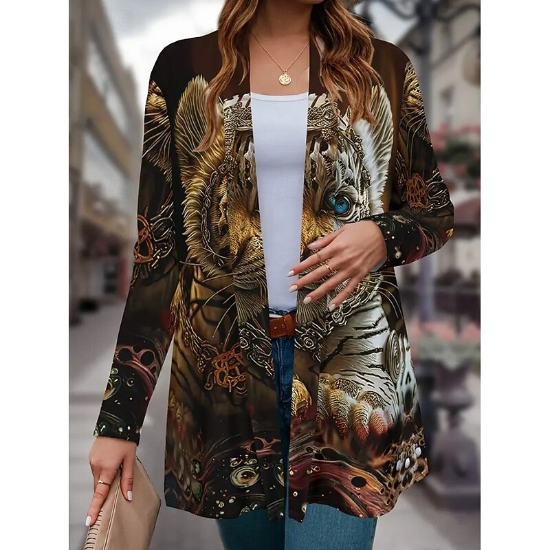 Women's Trench Coat Lightweight Comfortable Print Vintage Fashion Casual Animal Casual Regular Collarless Regular Fit Long Sleeve Outerwear Silver Yellow Brown Spring Fall4