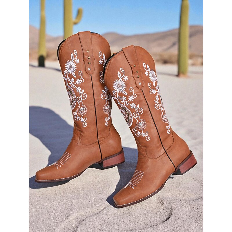 Women's Brown Western Cowboy Boots with White Floral Embroidery, Square Toe and Comfortable Low Heel for Casual Country Wear4