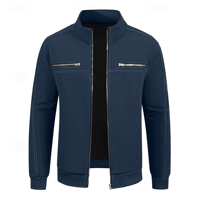 Men's Casual Jacket Chore Jacket Vacation Daily Windproof Warm Pocket Fall Winter Plain Fashion Classic Stand Collar Regular Khaki Army Green Dark Blue Jacket4