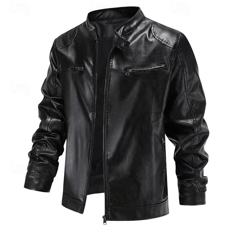 Men's Faux Leather Jacket Biker Jacket Motorcycle Jacket Vacation Daily Windproof Warm Pocket Fall Winter Plain Fashion Classic Stand Collar Regular Black Brown Jacket