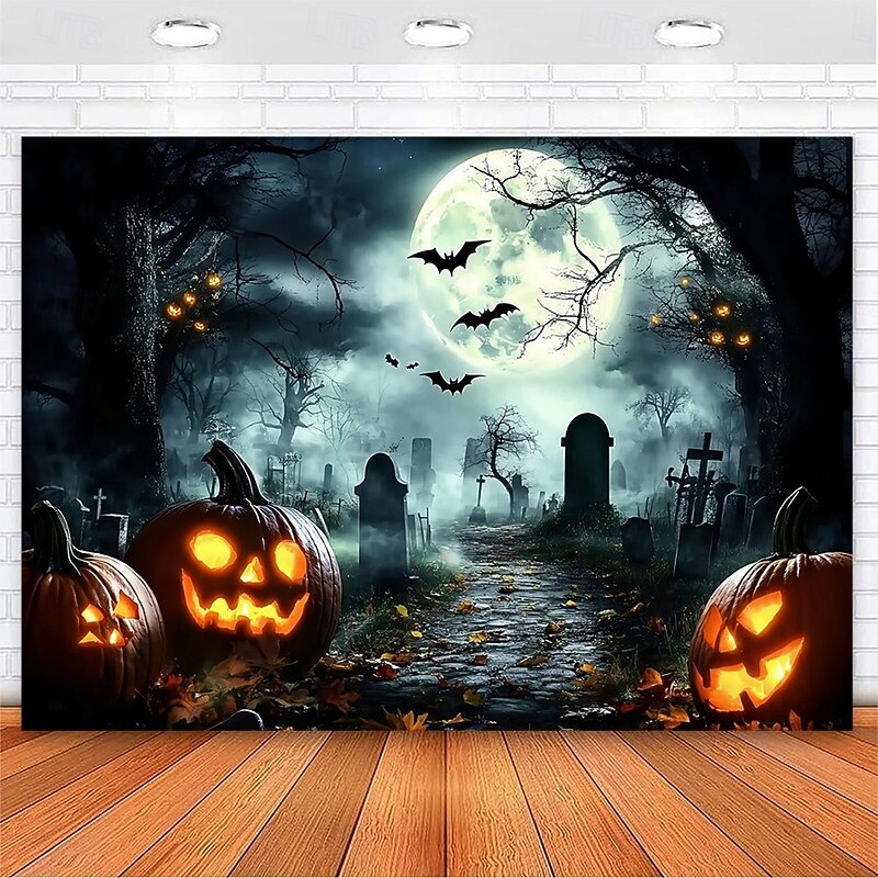 Halloween Cemetery Wall Tapestry Backdrop – Spooky Graveyard Scene with Full Moon and Haunted Tree, Gothic Wall Hanging for Home, Party, Photography4