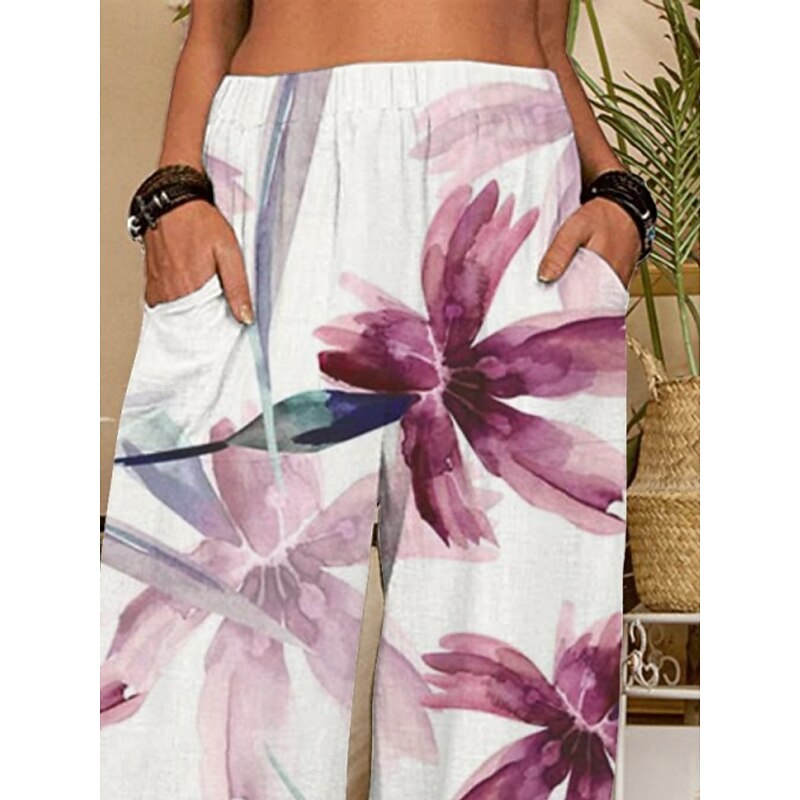 Women's Chinos Pants Trousers Active Fashion Long High Waist Floral Pocket Elastic Waist Printing Breathability Soft Micro-elastic Vacation Street Daily Wear Purple Green Spring Fall Regular Fit2